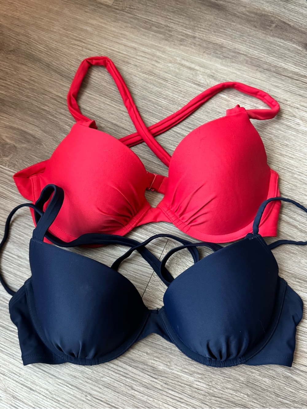 Aerie Bikini Top Bundle Lot of 2 Underwire Push Up Coral Red Navy Blue Size 34D